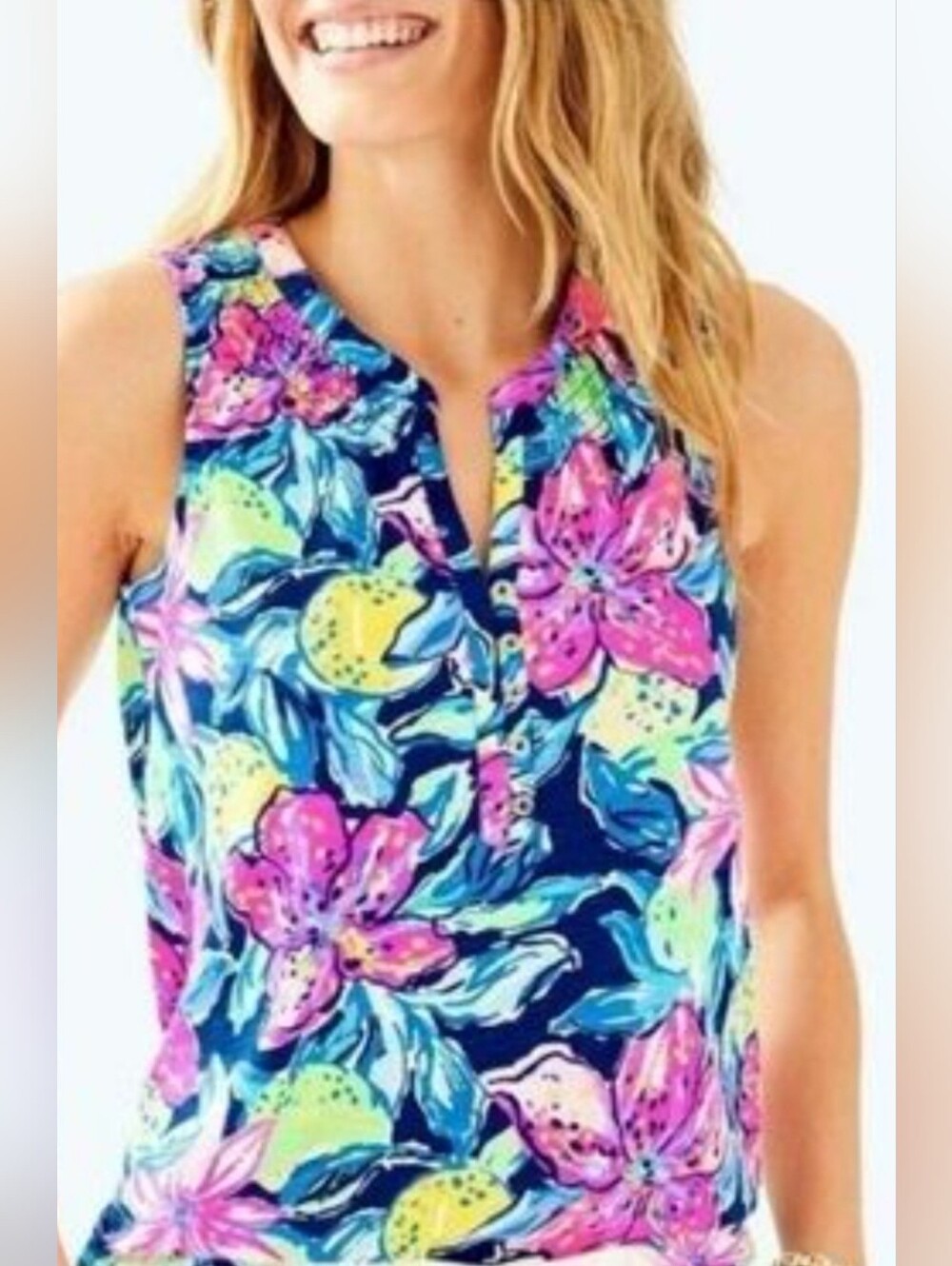 Lilly Pulitzer Essie Tank Top in the vibrant, tropical "Capri Soleil" pattern.